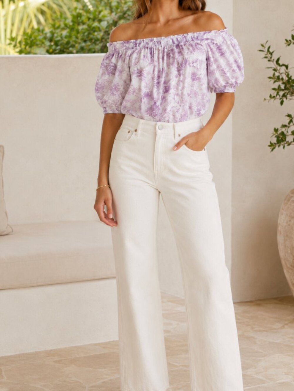 Off-Shoulder Floral Peasant Top - Lavender